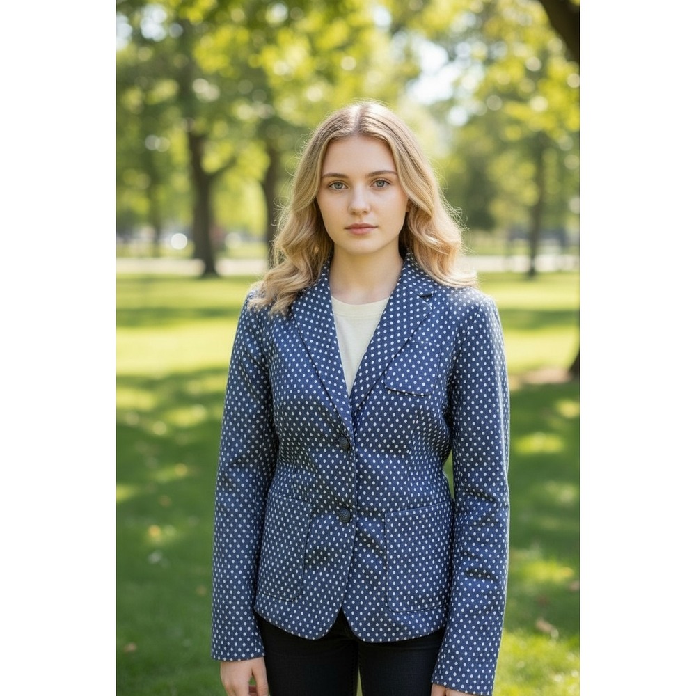 Gap The Academy Blazer Jacket Preppy‎ Navy Blue Ivory Polka Dot 8 Seersucker